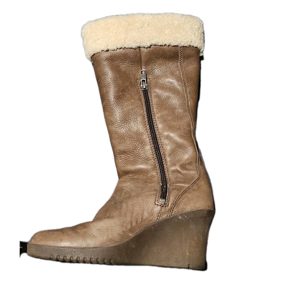 Ugg Boots Womens 7 Brown Leather Wedge Sheepskin Mid Calf Platform Boots - Picture 8 of 10